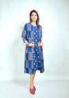 Indigo Ajrakh Block Printed A Line Jacket Style Dress With Kantha Hand Embroidery Detailing