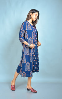 Indigo Ajrakh Block Printed A Line Jacket Style Dress With Kantha Hand Embroidery Detailing