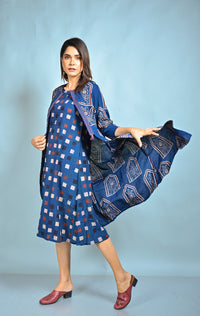 Indigo Ajrakh Block Printed A Line Jacket Style Dress With Kantha Hand Embroidery Detailing