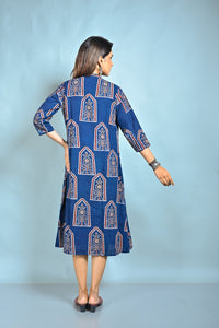 Indigo Ajrakh Block Printed A Line Jacket Style Dress With Kantha Hand Embroidery Detailing