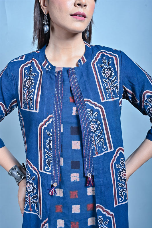 Indigo Ajrakh Block Printed A Line Jacket Style Dress With Kantha Hand Embroidery Detailing