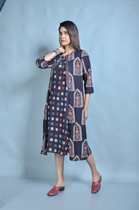 Black Ajrakh Block Printed A Line Jacket Style Dress With Kantha Hand Embroidery Detailing