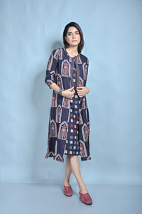 Black Ajrakh Block Printed A Line Jacket Style Dress With Kantha Hand Embroidery Detailing