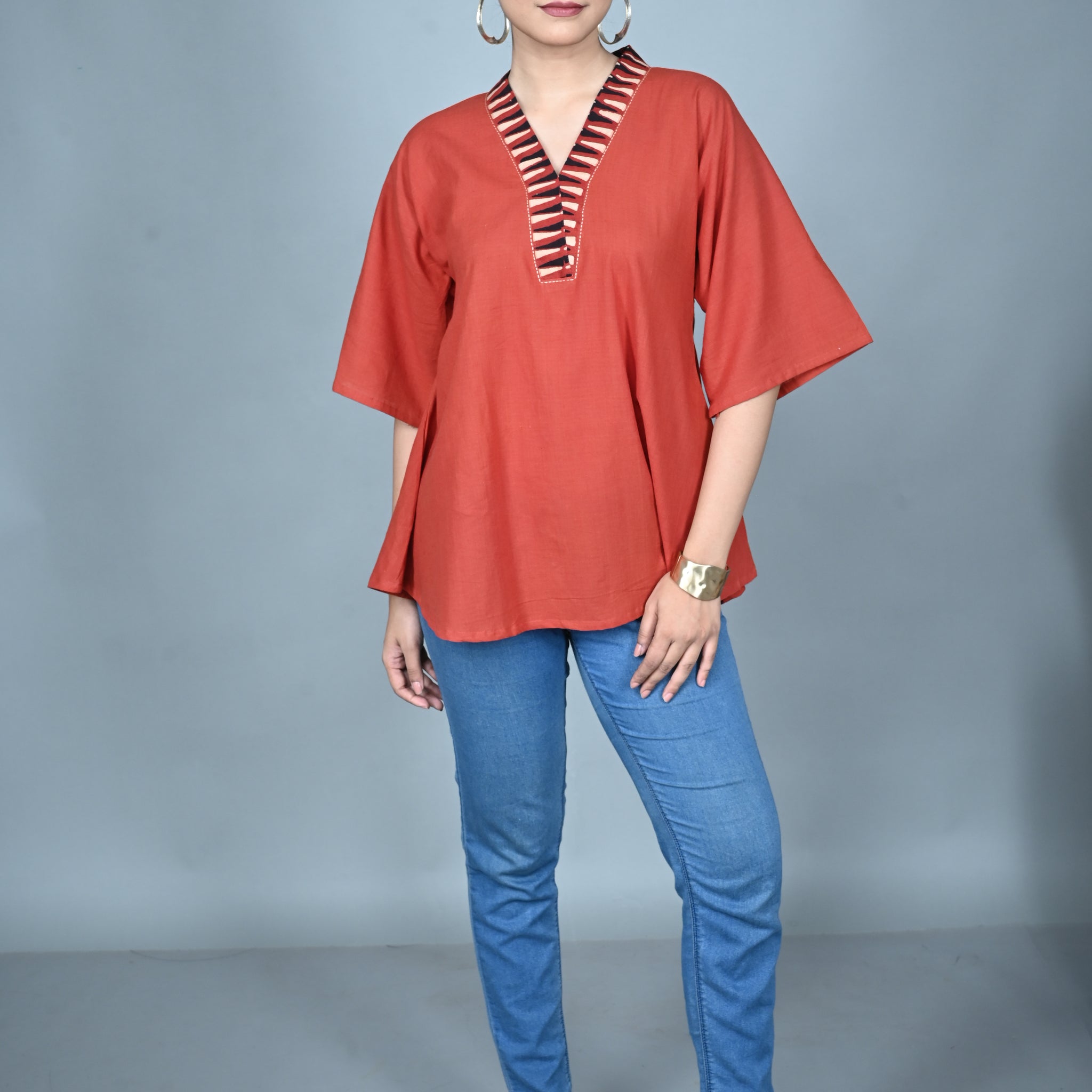 Rust Antifit Handwoven Top with Ajrakh Placket