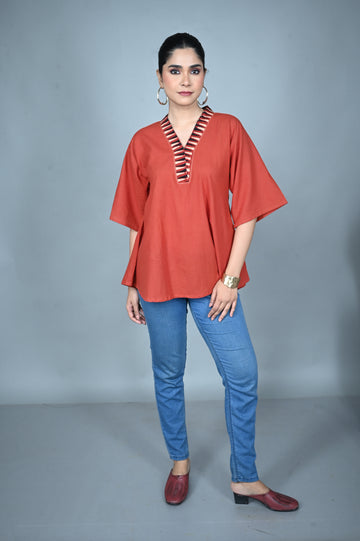 Rust Antifit Handwoven Top with Ajrakh Placket