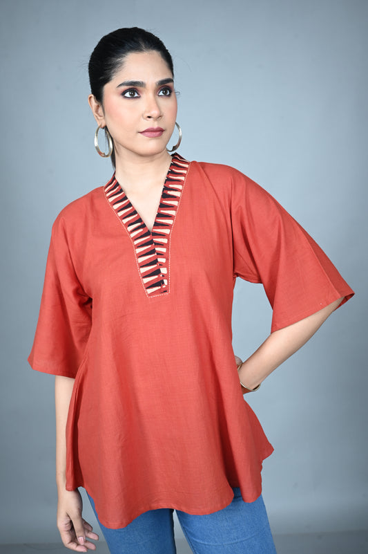 Rust Antifit Handwoven Top with Ajrakh Placket