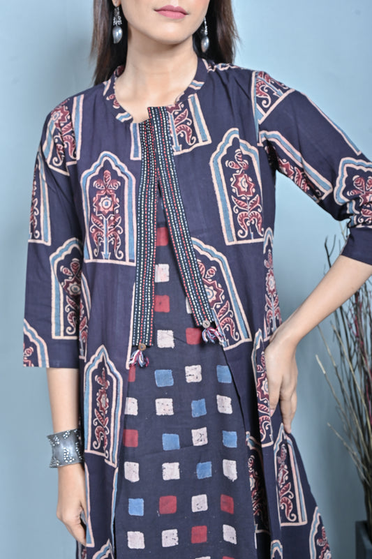 Black Ajrakh Block Printed A Line Jacket Style Dress With Kantha Hand Embroidery Detailing