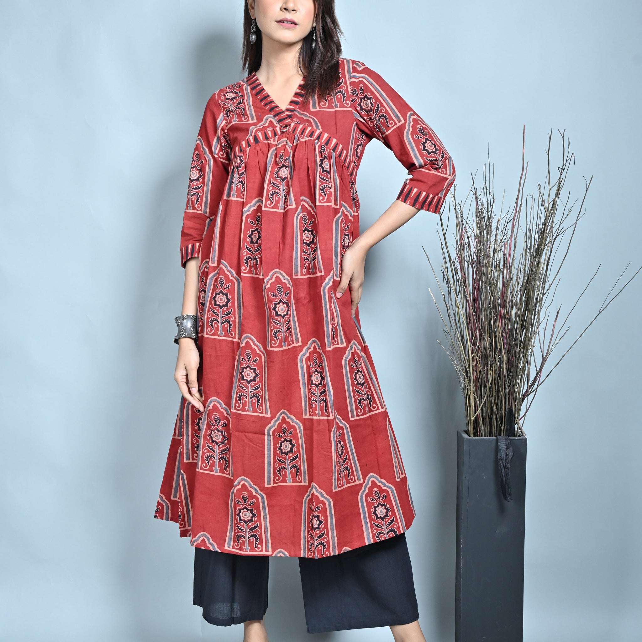 Red Ajrakh Block Printed Flared A-Line Kurta