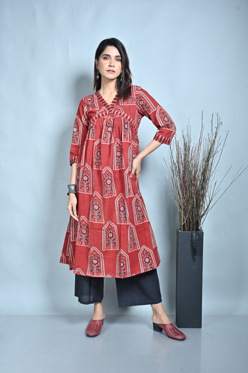 Red Ajrakh Block Printed Flared A-Line Kurta