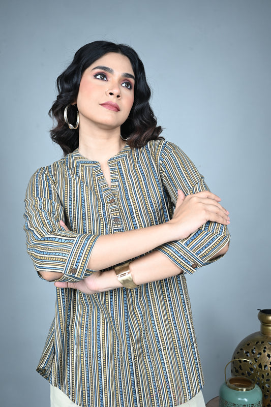 Ajrakh Hand Block Printed Striped Top