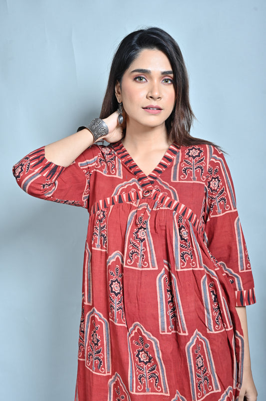 Red Ajrakh Block Printed Flared A-Line Kurta