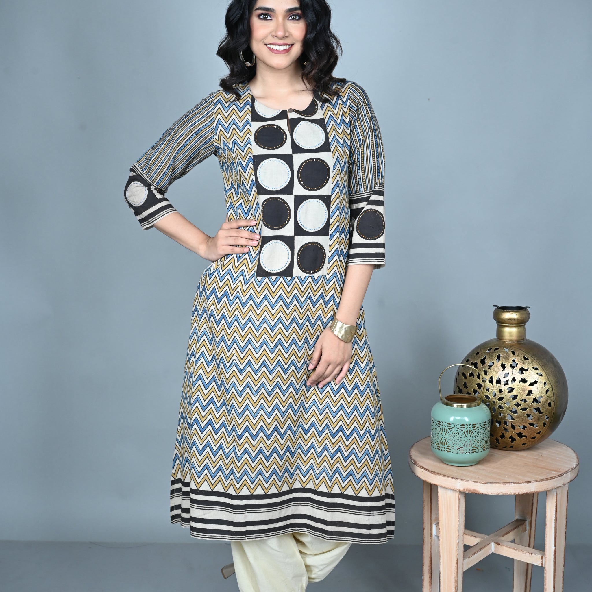 Mustard Black Zig-Zag Ajrakh Hand Embroidered Kurta with Ivory Pathani Pants Co-ord Set (set of 2)