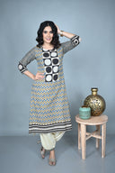 Zig-Zag Ajrakh Hand Block Print Hand Embroidered Cotton Kurta Set (set of 2)