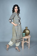 Zig-Zag Ajrakh Hand Block Print Hand Embroidered Cotton Kurta Set (set of 2)