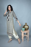 Zig-Zag Ajrakh Hand Block Print Hand Embroidered Cotton Kurta Set (set of 2)