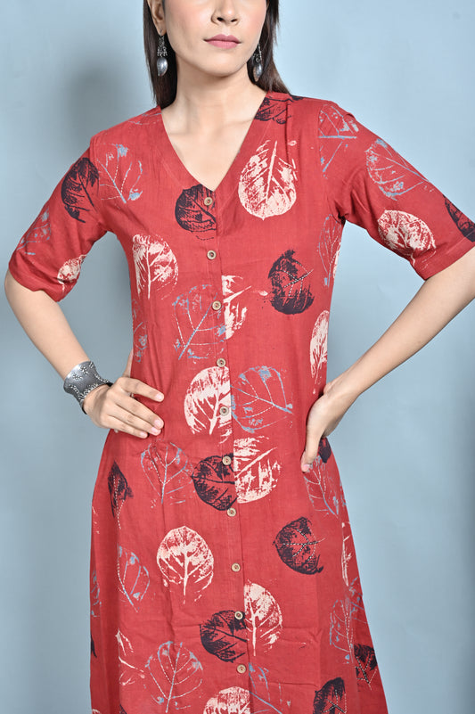 Red Ajrakh Block Printed Front Open A Line Dress With Kantha Hand Embroidery Detailing