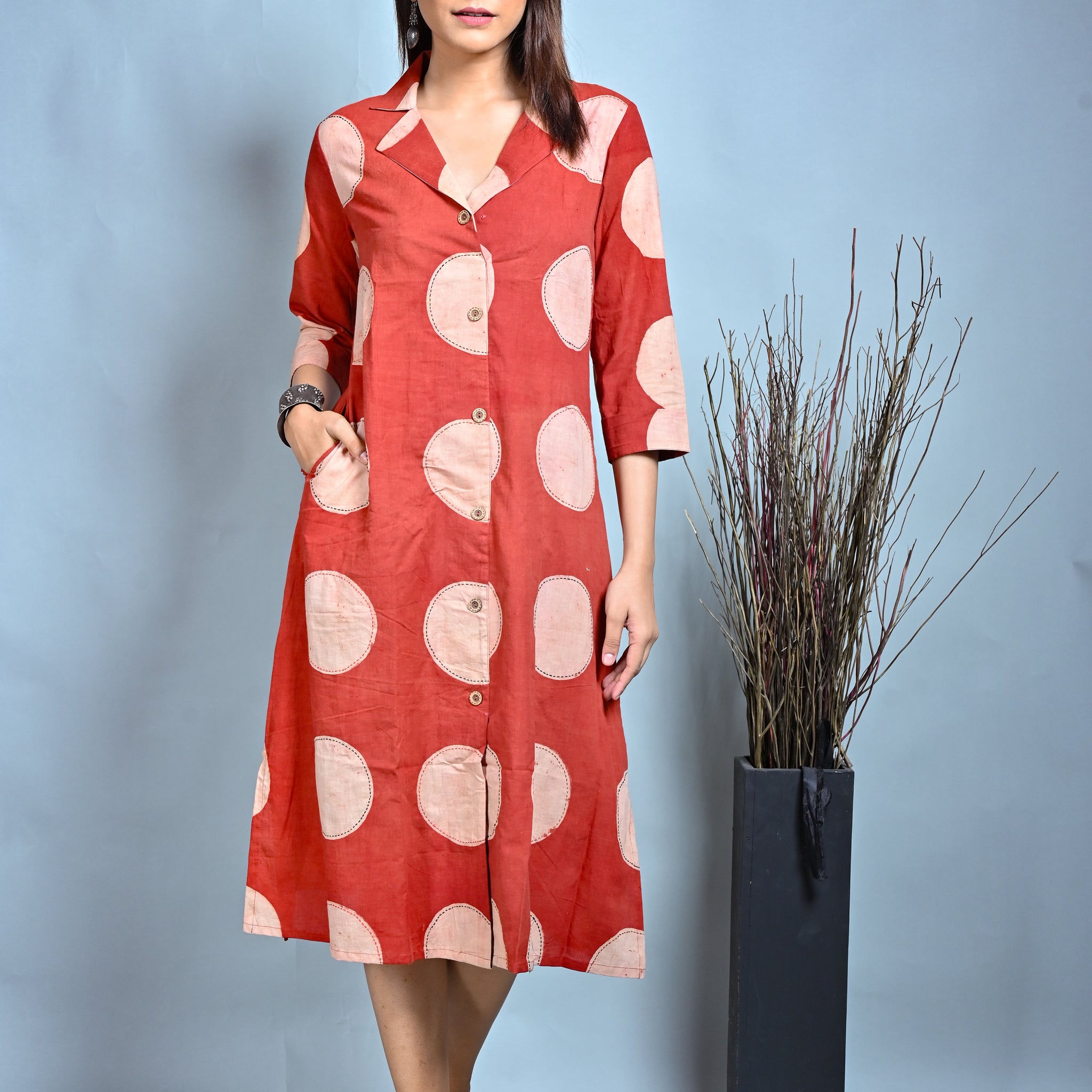 Red Ajrakh Block Printed A Line Dress With Lapel Collar And Kantha Hand Embroidery