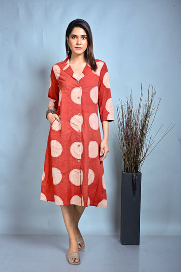 Red Ajrakh Block Printed A Line Dress With Lapel Collar And Kantha Hand Embroidery