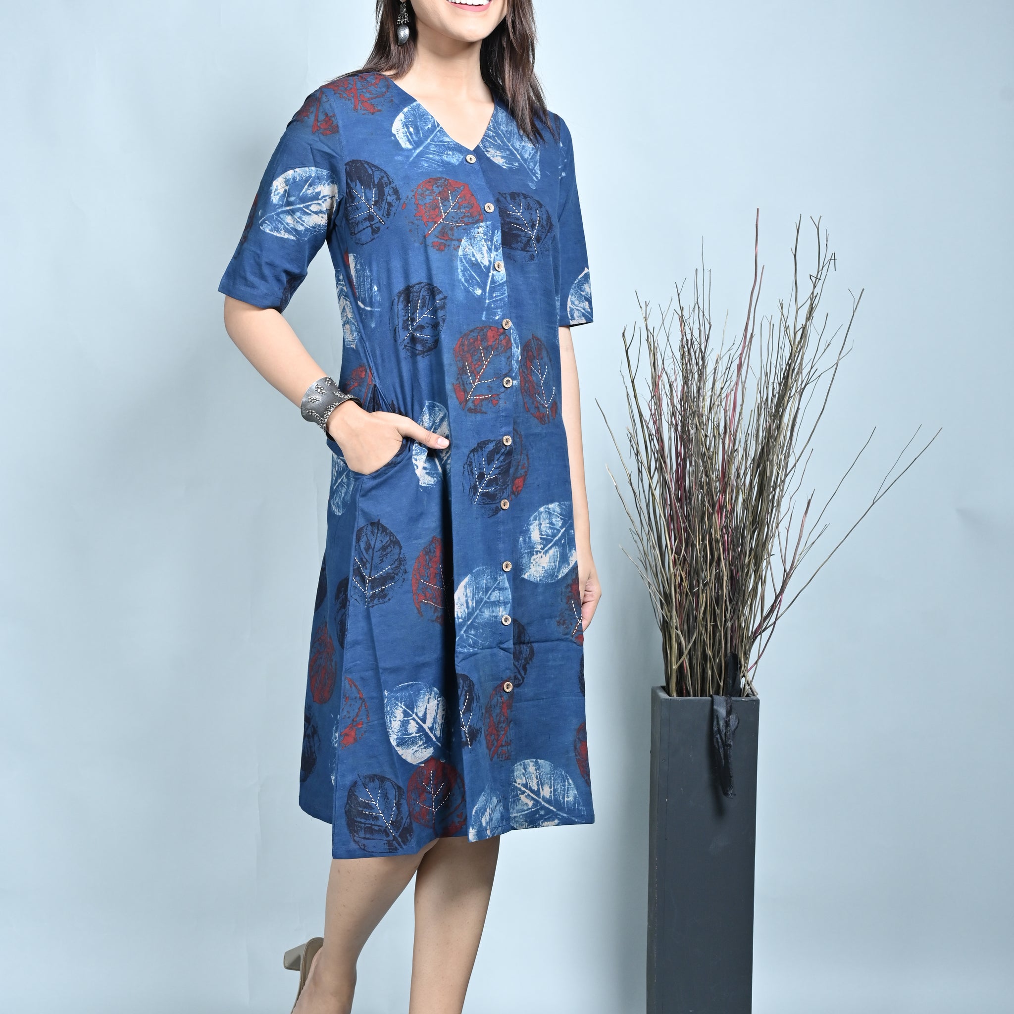 Indigo Ajrakh Block Printed Front Open A Line Dress With Hand Embroidery Detailing