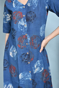 Indigo Ajrakh Block Printed Front Open A Line Dress With Kantha Hand Embroidery Detailing