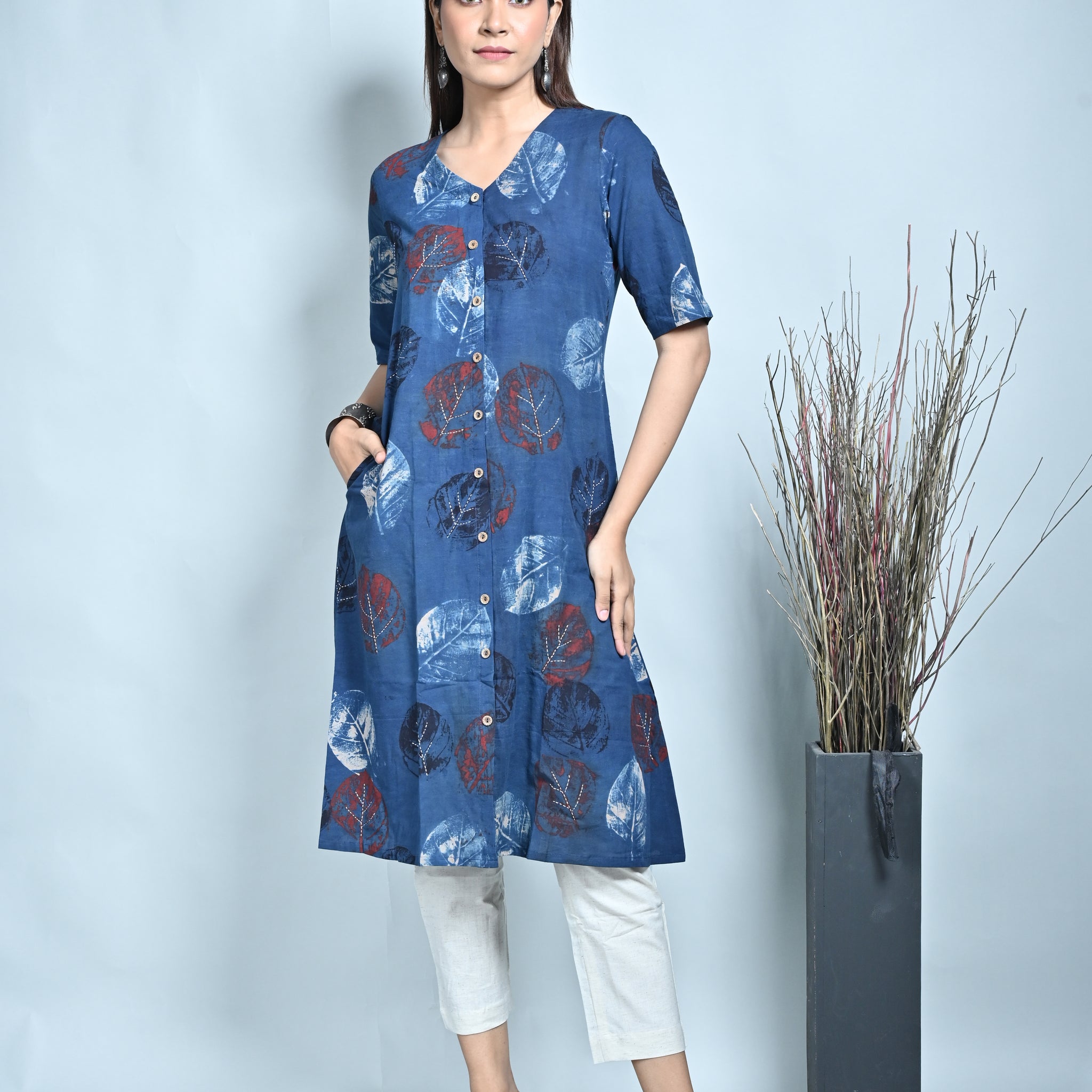 Indigo Ajrakh Block Printed Front Open A Line Dress With Kantha Hand Embroidery Detailing