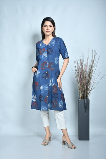 Indigo Ajrakh Block Printed Front Open A Line Dress With Kantha Hand Embroidery Detailing