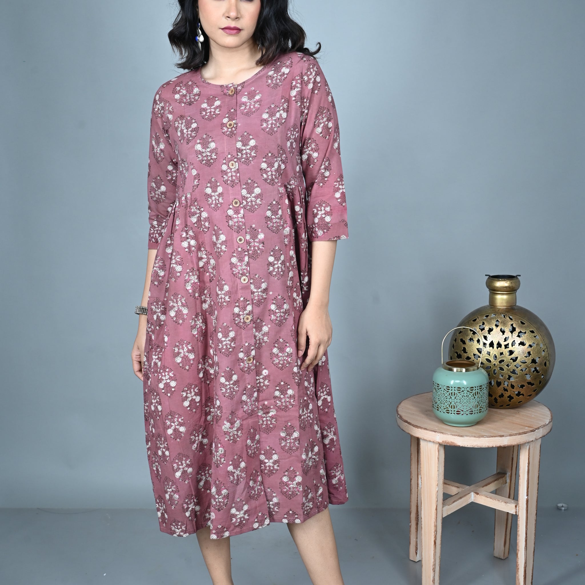 Earthy Pink A-Line Side Gathers Dress with Floral Dabu Hand Block Print Detailing