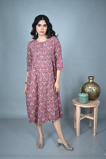 Earthy Pink A-Line Side Gathers Dress with Floral Dabu Hand Block Print Detailing