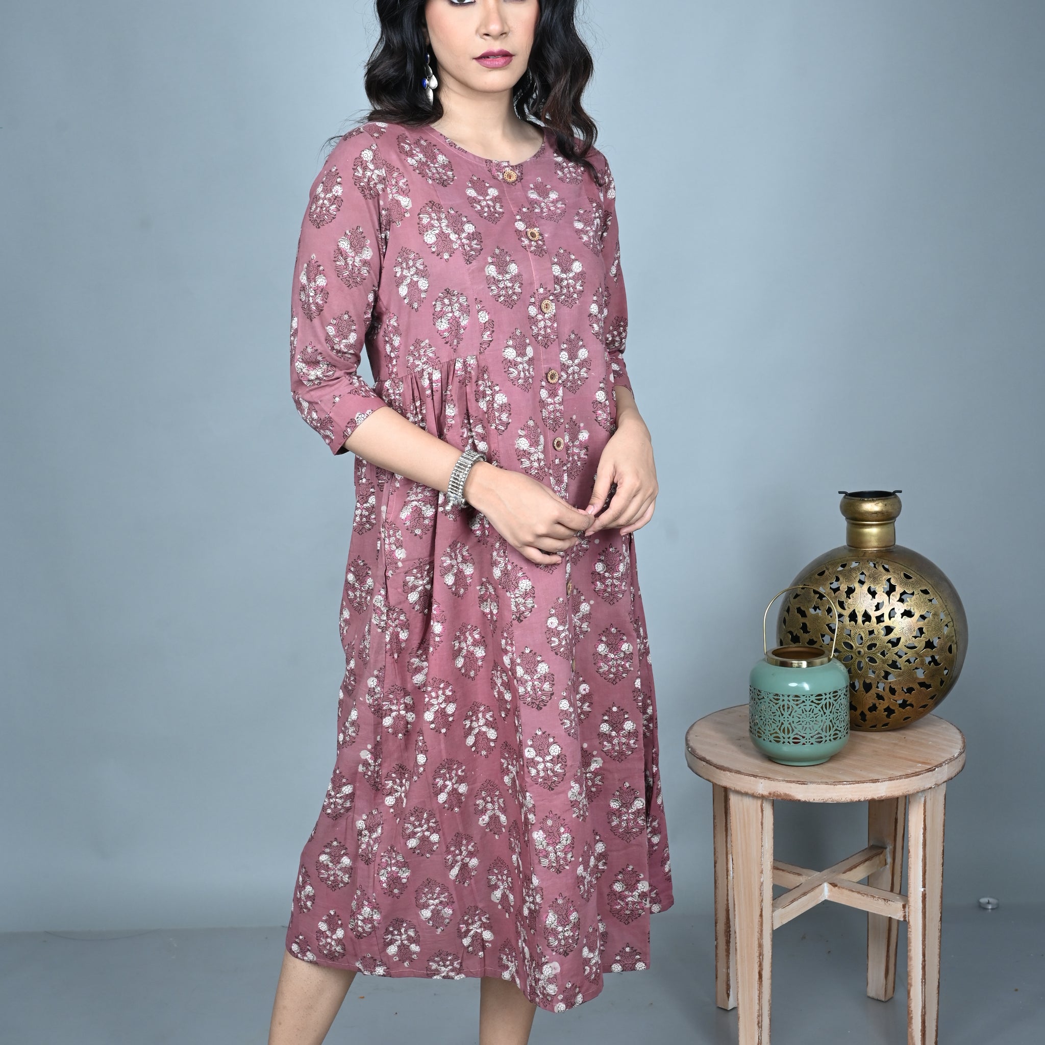 Dusty Pink Dabu Hand Block Printed A-Line Side Gathers Dress