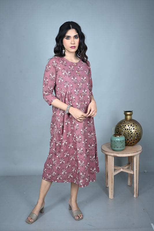 Earthy Pink A-Line Side Gathers Dress with Floral Dabu Hand Block Print Detailing