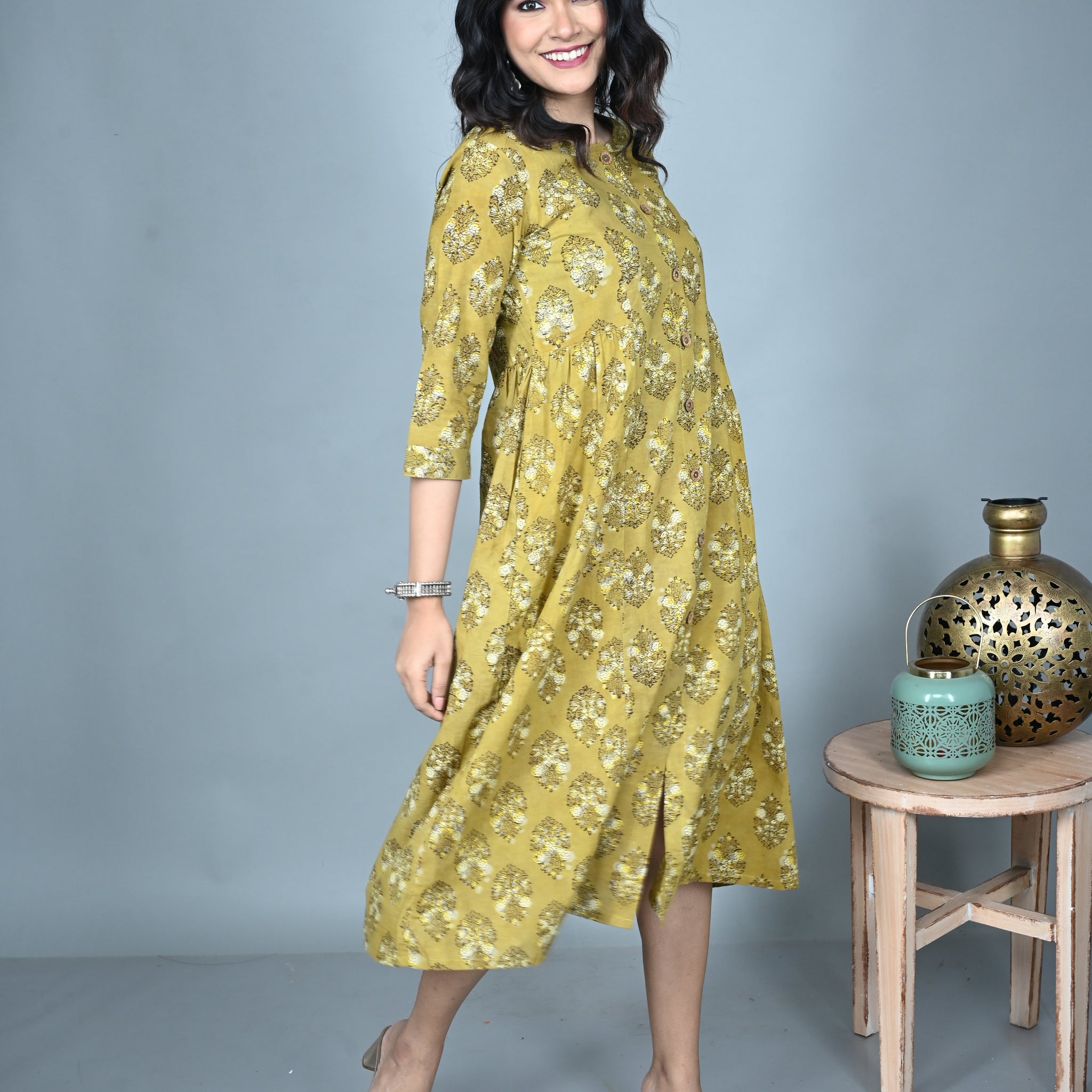 Earthy Yellow A-Line Side Gathers Dress with Dabu Hand Block Print Detailing