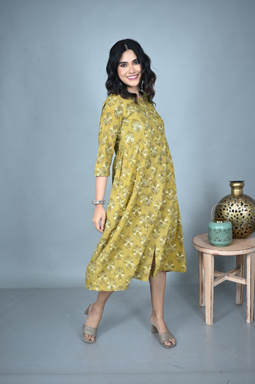 Earthy Yellow A-Line Side Gathers Dress with Dabu Hand Block Print Detailing