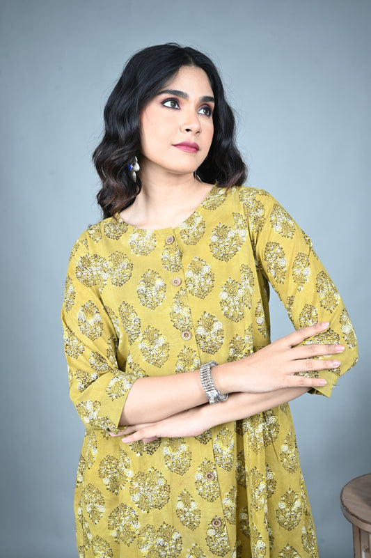 Earthy Yellow A-Line Side Gathers Dress with Dabu Hand Block Print Detailing
