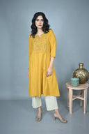 Yellow Hand Embroidered Handloom Cotton Three Panel Kurta Set (set of 2)