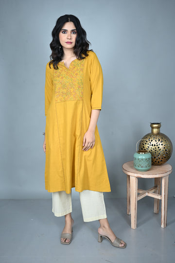 Yellow Hand Embroidered Handloom Cotton Three Panel Kurta Set (set of 2)