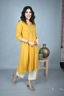 Yellow Hand Embroidered Handloom Cotton Three Panel Kurta Set (set of 2)