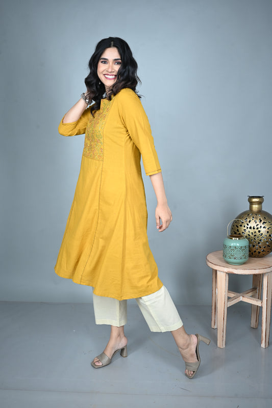 Yellow Hand Embroidered Handloom Cotton Three Panel Kurta Set (set of 2)