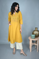 Yellow Hand Embroidered Handloom Cotton Three Panel Kurta Set (set of 2)