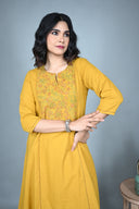 Yellow Hand Embroidered Handloom Cotton Three Panel Kurta Set (set of 2)