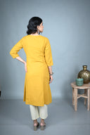 Yellow Hand Embroidered Handloom Cotton Three Panel Kurta Set (set of 2)