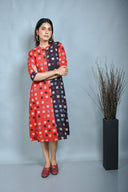 Red-Black Ajrakh Hand Block Printed A-Line Zipper Dress