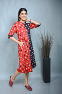 Red-Black Ajrakh Hand Block Printed A-Line Zipper Dress