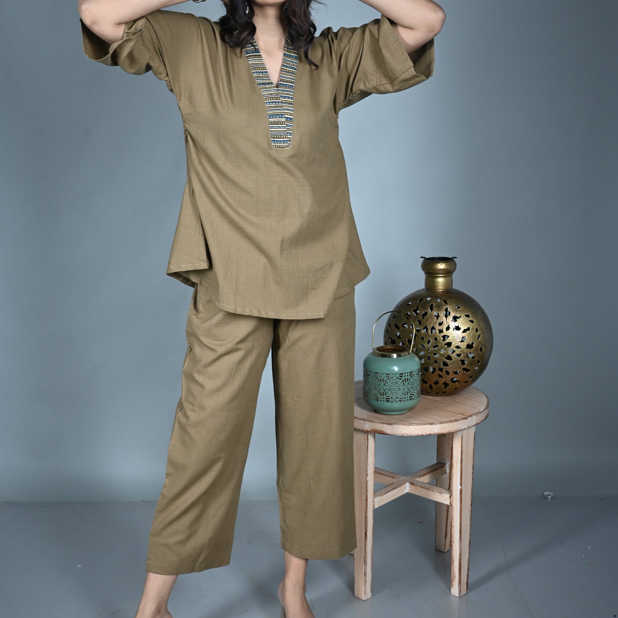 Mud Brown Handwoven Co-ord Set with Ajrakh Detailing (Set of 2)