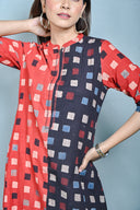 Red-Black Ajrakh Hand Block Printed A-Line Zipper Dress