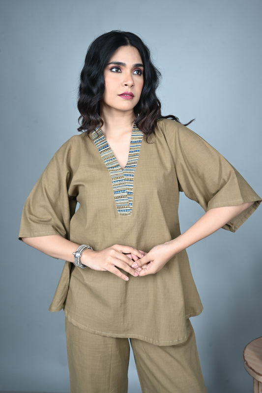 Mud Brown Handwoven Co-ord Set with Ajrakh Detailing (Set of 2)