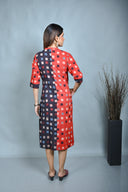 Red-Black Ajrakh Hand Block Printed A-Line Zipper Dress