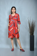 Red Ajrakh A Line Zipper Dress With Hand Embroidery