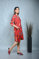 Red Ajrakh A Line Zipper Dress With Hand Embroidery