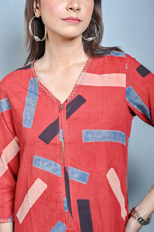 Red Ajrakh A Line Zipper Dress With Kantha Hand Embroidery On Neck And Sleeves