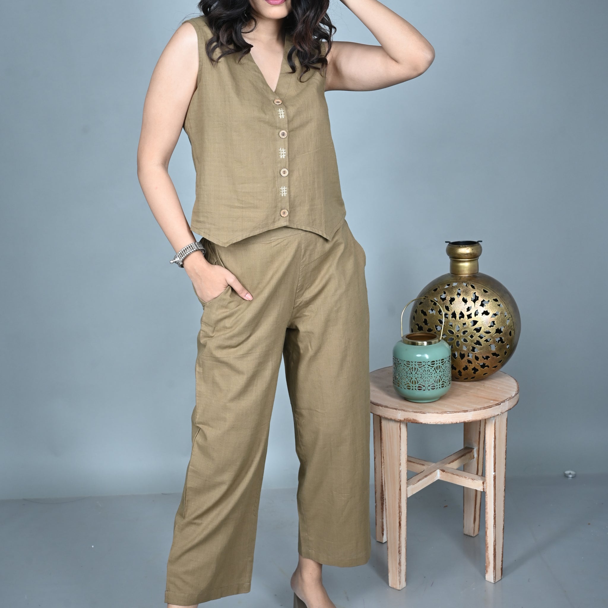 Mud Brown Handwoven Top with Pants Co-ord Set (set of 2)